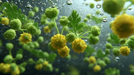 Naklejka premium Vibrant yellow flowers underwater with bubbles.