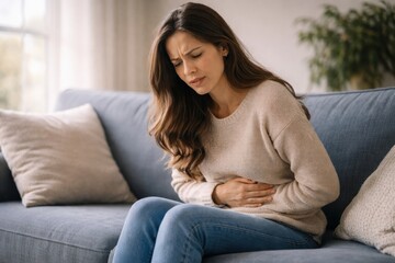 Fototapeta premium Woman sitting on sofa clutching stomach in pain looking unwell indoors.