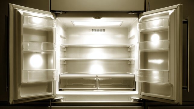 Open refrigerator unit interior with illuminated shelves and empty drawers, showcasing clean appliance space