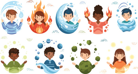 Cute children characters with water and fire elements powers fantasy kids illustration set featuring elemental magic for education, storytelling, animation, and creative design use. © MstSuborna