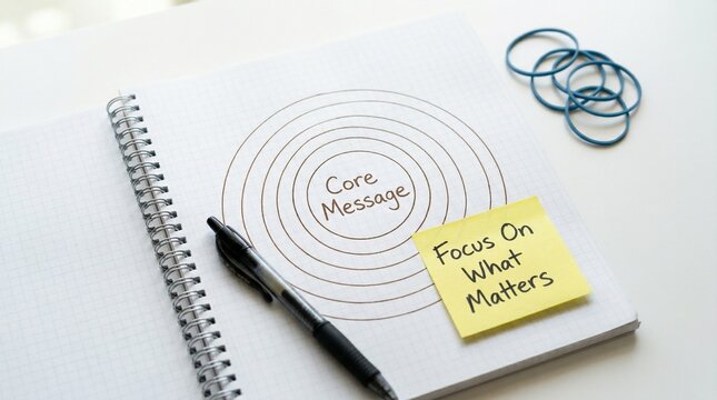 Core Message Planning: A neatly arranged scene, centered on a notebook page with the words Core Message encircled, alongside a reminder note that encourages focus and clarity. 
