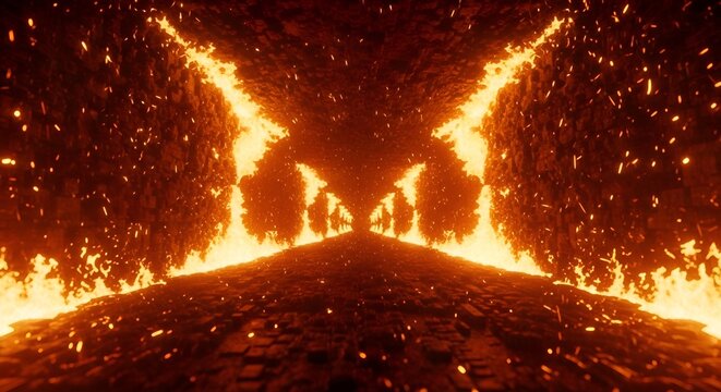 Fiery Hellscape Tunnel with Glowing Lava and Sparks - Abstract Concept