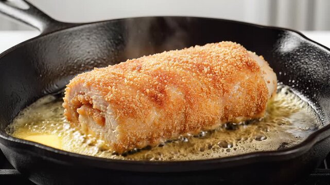Golden Brown Breaded Chicken Cutlet Sizzling in Butter in Cast Iron Skillet.