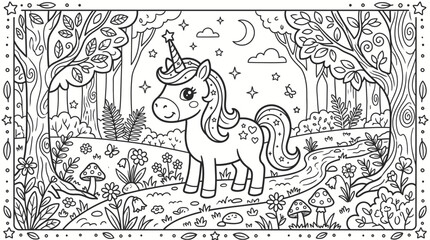 Obraz premium Cute Cartoon Unicorn Standing in Enchanted Magical Forest Coloring Page, Isolated White Background
