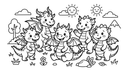 Fototapeta premium Group of cute little cartoon dragons.