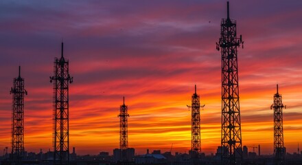 Naklejka premium Multiple communication transmission towers stand silhouetted against a vibrant sunset sky over a distant cityscape