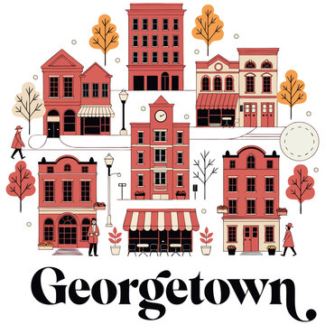 Charming Georgetown District: Vector illustration of historic buildings, shops, and street scenes