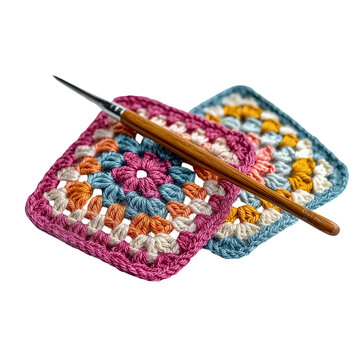 Crochet Granny Squares and Wooden Crochet Hook yarn isolated on a transparent background