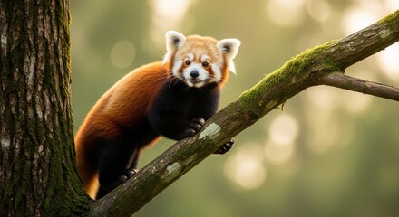 Fototapeta premium Adorable Red Panda Gaze: Captivating Wildlife Portrait on a Mossy Tree Branch with Soft Bokeh Background