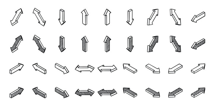 Set of isometric arrows. 3d black with hatching. Use as side Isolated.  set of isometric arrows black with hatching and without, vector illustration.