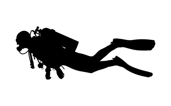 Silhouette of a professional scuba diver swimming underwater with full diving gear on white background