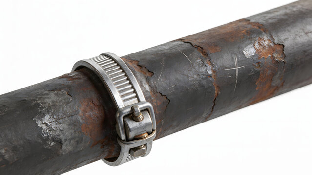 Rusted metal pipe with clamp
