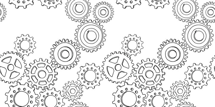 Gear wheels outlines seamless pattern, machinery part, vector background, paper, wallpaper