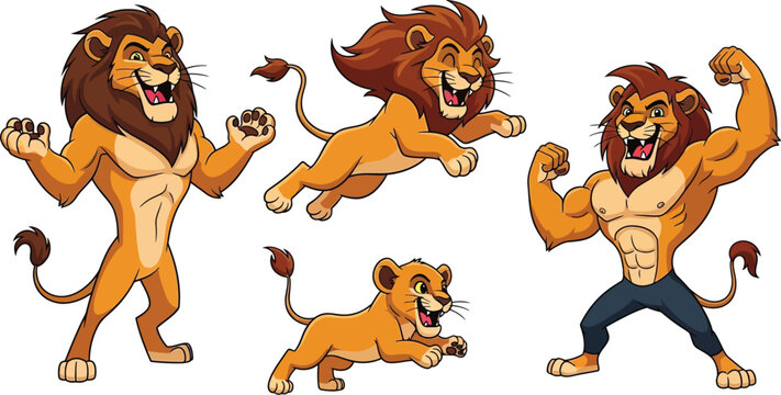 A collection of anthropomorphic lions showcasing different poses.