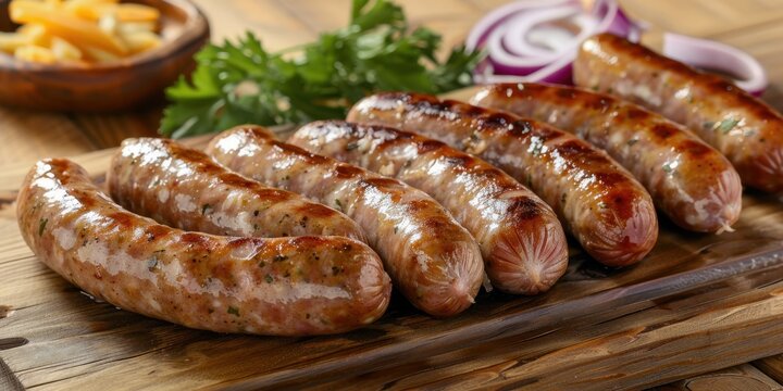 Grilled Thuringian bratwurst sausages served in a rustic cast iron skillet with rosemary