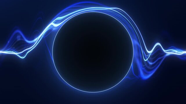 Bright blue neon ring surrounded by flowing light waves on a dark background, delivering futuristic energy, digital pulse and seamless abstract motion.