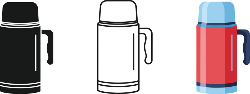 Vacuum thermos flask set with handle in black silhouette, outline line art, and red flat vector illustration, camping travel equipment,