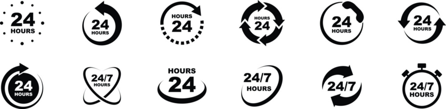 24 7 service icon set. 24-7 open, concept with call icon. Support 24 hours a day and 7 days a week. Support service. Vector Illustration.