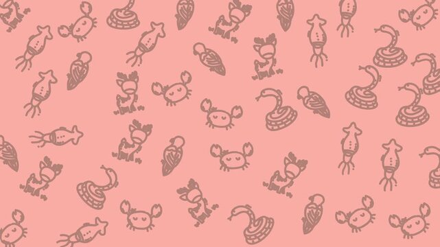Pastel pink background with hand-drawn sea creatures. Cute cartoon crabs, squid, fish, and octopuses. Simple sketch style with soft brown outlines