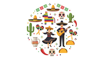 Naklejka premium Traditional Mexican culture symbols arranged in a circle including mariachi, dancer, tacos, pinata, and sugar skulls.