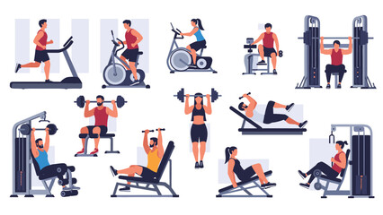 Fototapeta premium Diverse people performing various exercises and using gym equipment such as treadmills, weights, and stationary bikes for a healthy lifestyle.