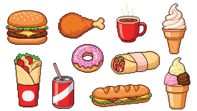 Array of pixel art fast food items featuring a hamburger, fried chicken, donut, coffee, soda, burrito, and ice cream cones.