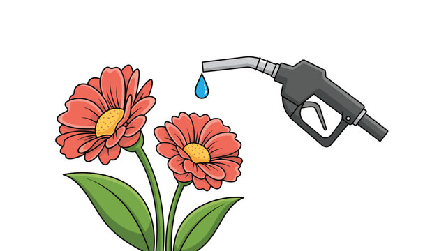 Conceptual illustration showing a fuel pump nozzle dispensing a single drop of water onto a pair of blooming red daisy flowers.