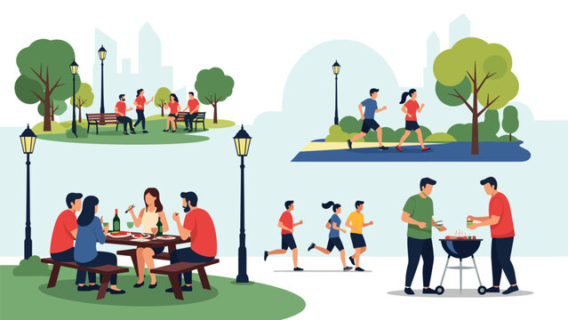 Multi-scene illustration depicting diverse people relaxing in a park through activities like picnicking, jogging, and having a barbecue.