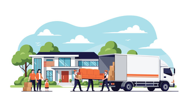 Team of professional movers loading furniture into a truck while a family with a young child watches them move into their new home.