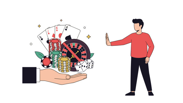 Responsible man making stop gesture to hand offering gambling items including cards and chips for addiction prevention concept.