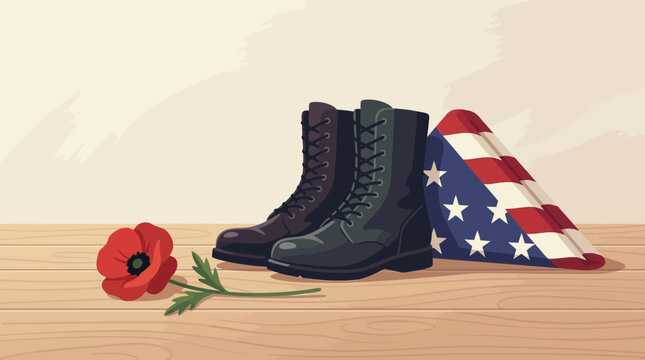 Military Memorial Tribute with Combat Boots Folded Flag and Poppy