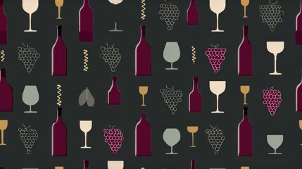 Fototapeta premium wine-themed seamless pattern, a modern minimalist seamless pattern for national wine day, featuring clinking burgundy wine bottles, grape clusters, and corkscrews in deep red, cream, gold, and sage