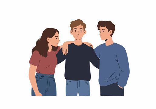 Illustration of two friends comforting and supporting a sad young man, showing empathy and friendship in a flat design style.