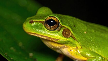 Fototapeta premium Close-up Macro Portrait of a Vibrant Green Tree Frog on a Leaf.