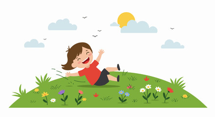 Fototapeta premium Happy little girl rolling down a grassy flower hill on a sunny day, cartoon vector illustration of childhood joy and outdoor play.