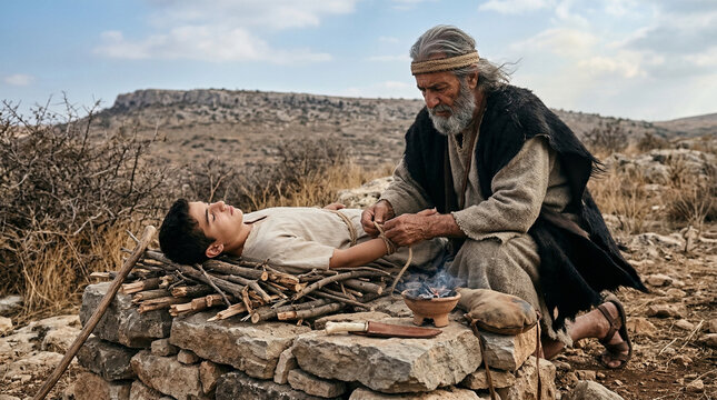 Abraham preparing to sacrifice Isaac on a stone altar, biblical Old Testament scene of faith, obedience and trial in desert landscape