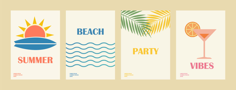 Minimal Summer Poster Set with Sun Waves Leaf and Drink Elements Clean Seasonal Design Collection