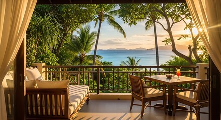 Fototapeta premium Luxurious balcony overlooking a tropical ocean sunset with palm trees, a comfortable sofa, and a table set for relaxation.