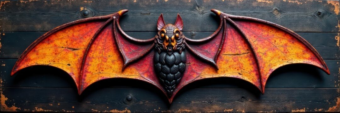 Intricate bat wing pattern, rough-hewn coaster surface , halloween decor, aged