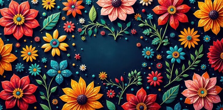 Intricate floral swirls & bold Aztec shapes on vibrant textile, illustration, motif