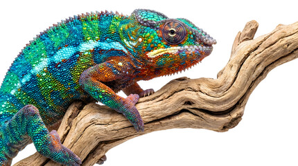 Vibrant Colorful Chameleon Perched on Twisted Driftwood Branch with Intricate Scales Shining in Shades of Green Blue Orange and Yellow