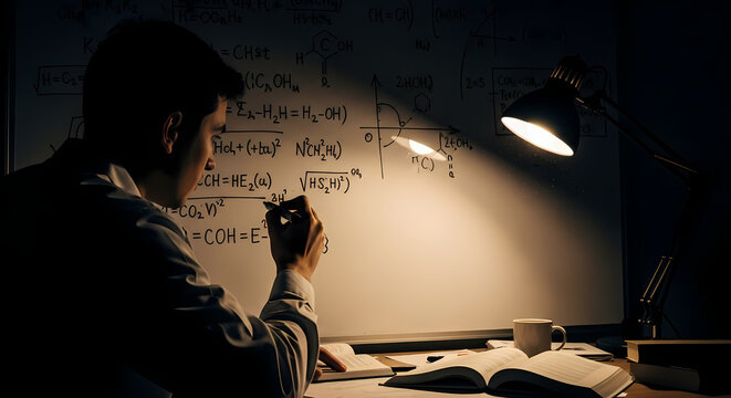 Focused man solving complex equations on a whiteboard at night