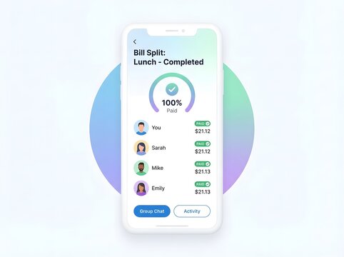 Sleek mobile app interface showing a fully completed group bill split for lunch, clearly indicating all participant payments made and achieving 100% paid status