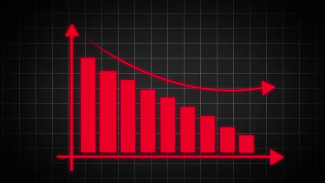 Declining red bar chart with downward trend arrow on dark grid background, representing financial loss, business decline, negative growth and decreasing performance analytics