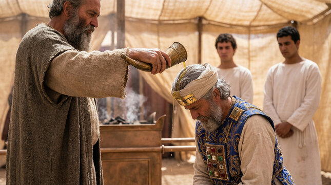 Moses anointing Aaron with oil before the Tabernacle altar, biblical Old Testament priest consecration scene