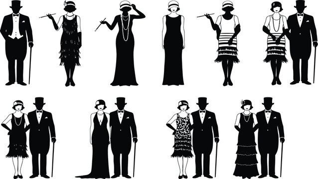 Roaring twenties fashion silhouette set with flapper women and elegant gentlemen, vintage 1920s party characters isolated on white background vector