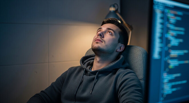 A young man sitting in a chair looking up at something with a computer screen to his right