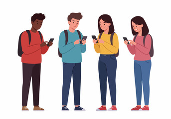 Obraz premium Diverse group of young students standing and using their smartphones, wearing backpacks and casual clothes, isolated on white background.