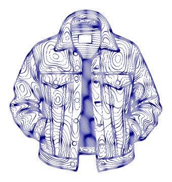Topographic denim jacket, blue line art coat, wavy pattern outerwear