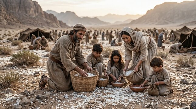 Israelite family gathering manna in the wilderness, biblical Old Testament scene of divine provision in the desert